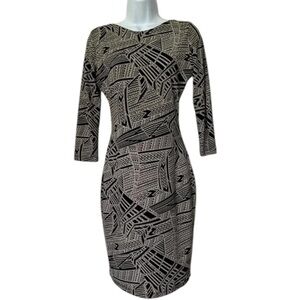 Veronica M open back geometric print bodycon dress black tan 3/4 sleeves…